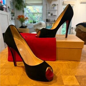 Christian Louboutin Black Suede Peep Toe Heels